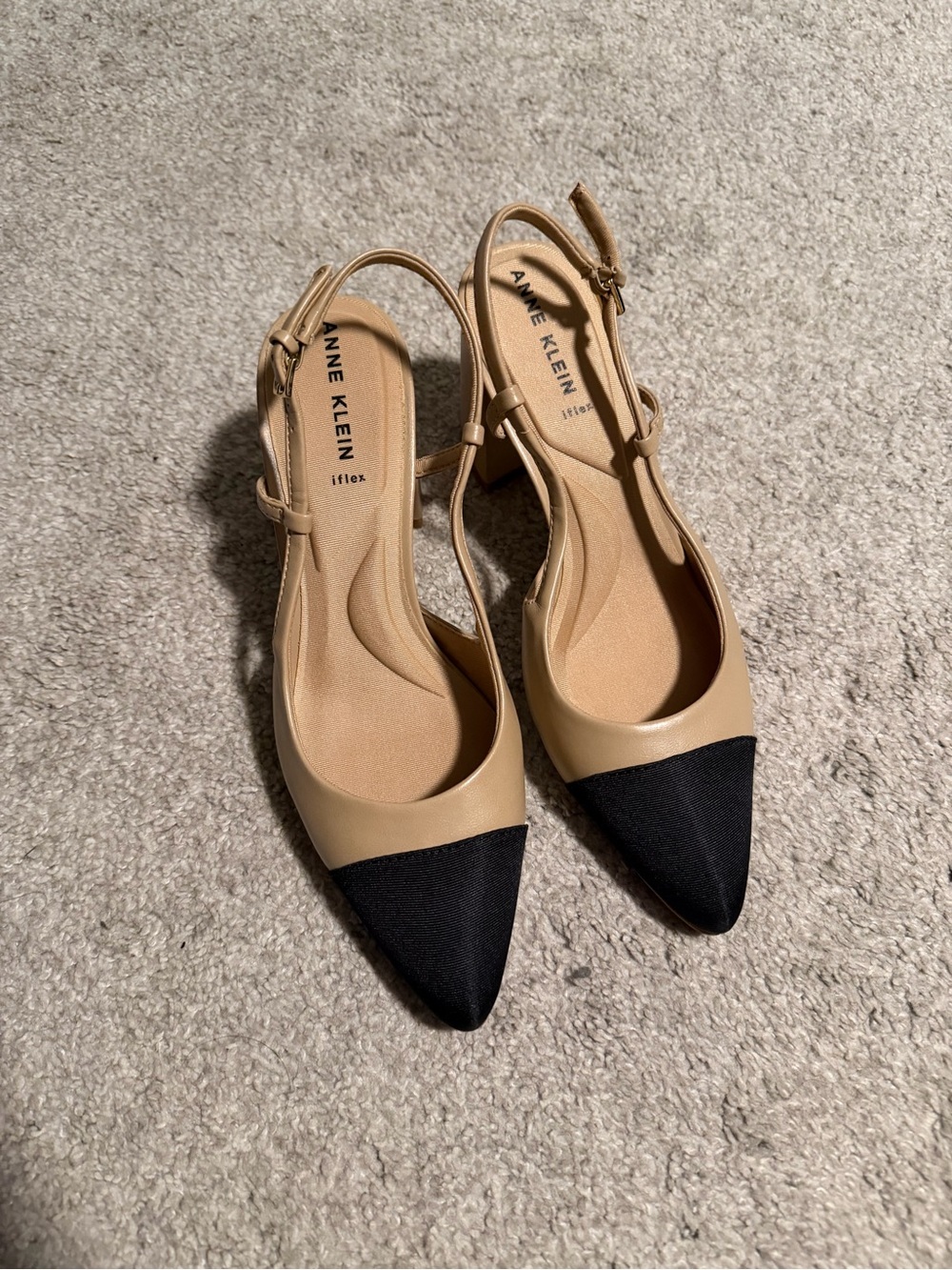 Anne Klein Beige and Black Pointed Slingback Flats